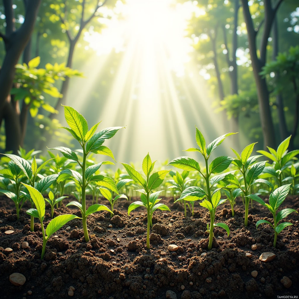 Sunlit forest scene with young green plants growing in soil.