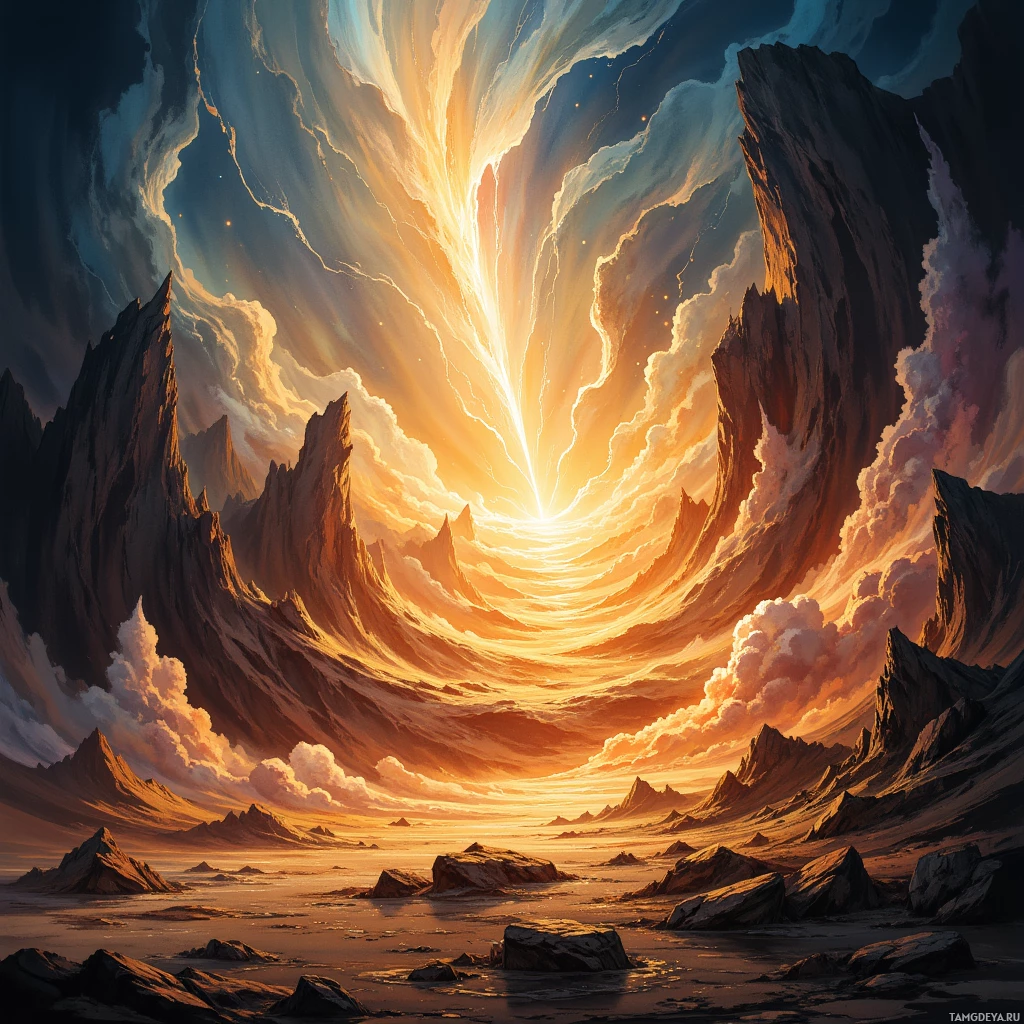 A dramatic, fantastical landscape featuring towering, jagged mountains under a radiant, glowing sky.