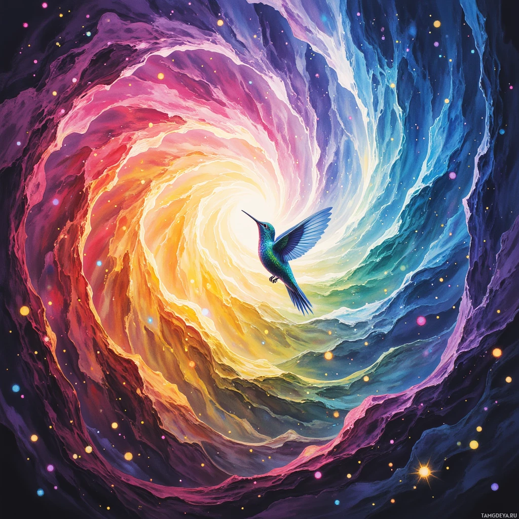 A vibrant, swirling cosmic scene with a hummingbird in flight.