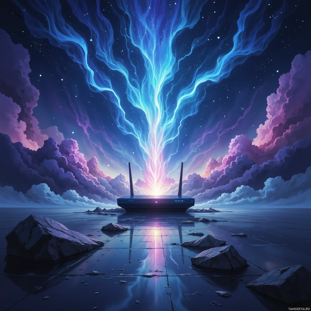 A futuristic device emits glowing energy beams into the night sky.