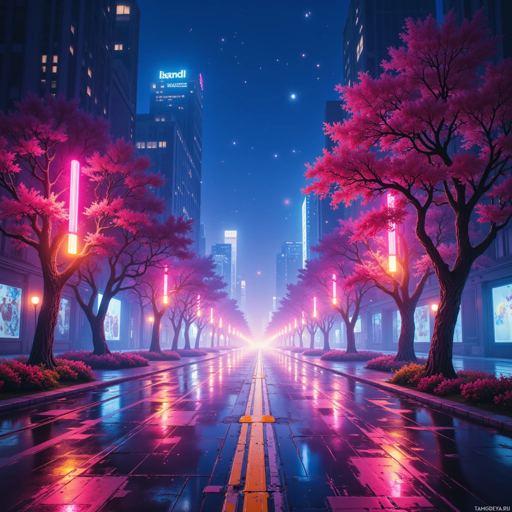 A vibrant city street at night with neon lights, cherry blossom trees, and tall buildings.