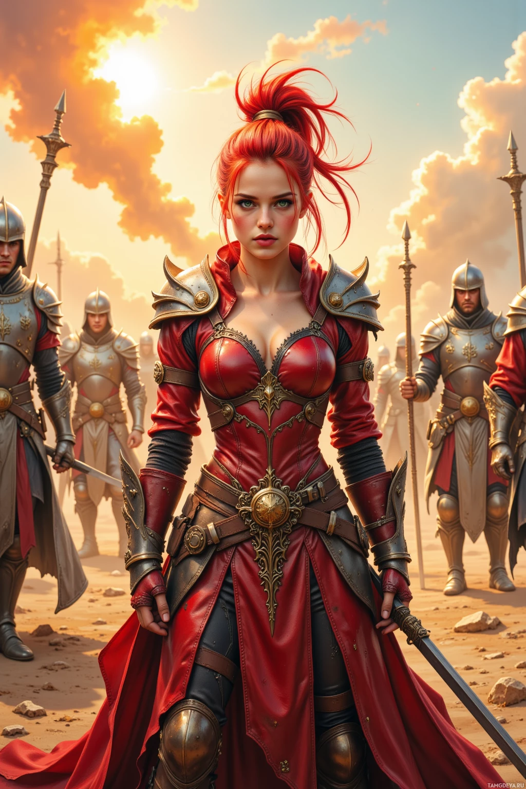 A woman in elaborate red and gold armor stands confidently in a desert landscape, surrounded by other armored figures.