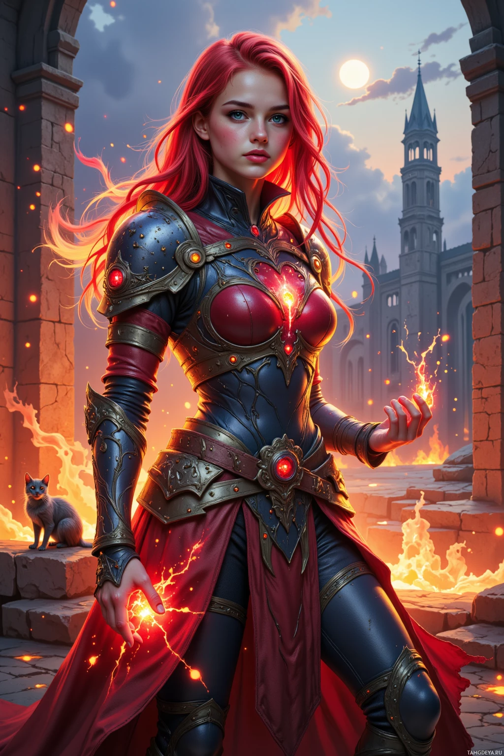 A warrior woman in ornate armor stands amidst a fiery scene with a cat nearby.