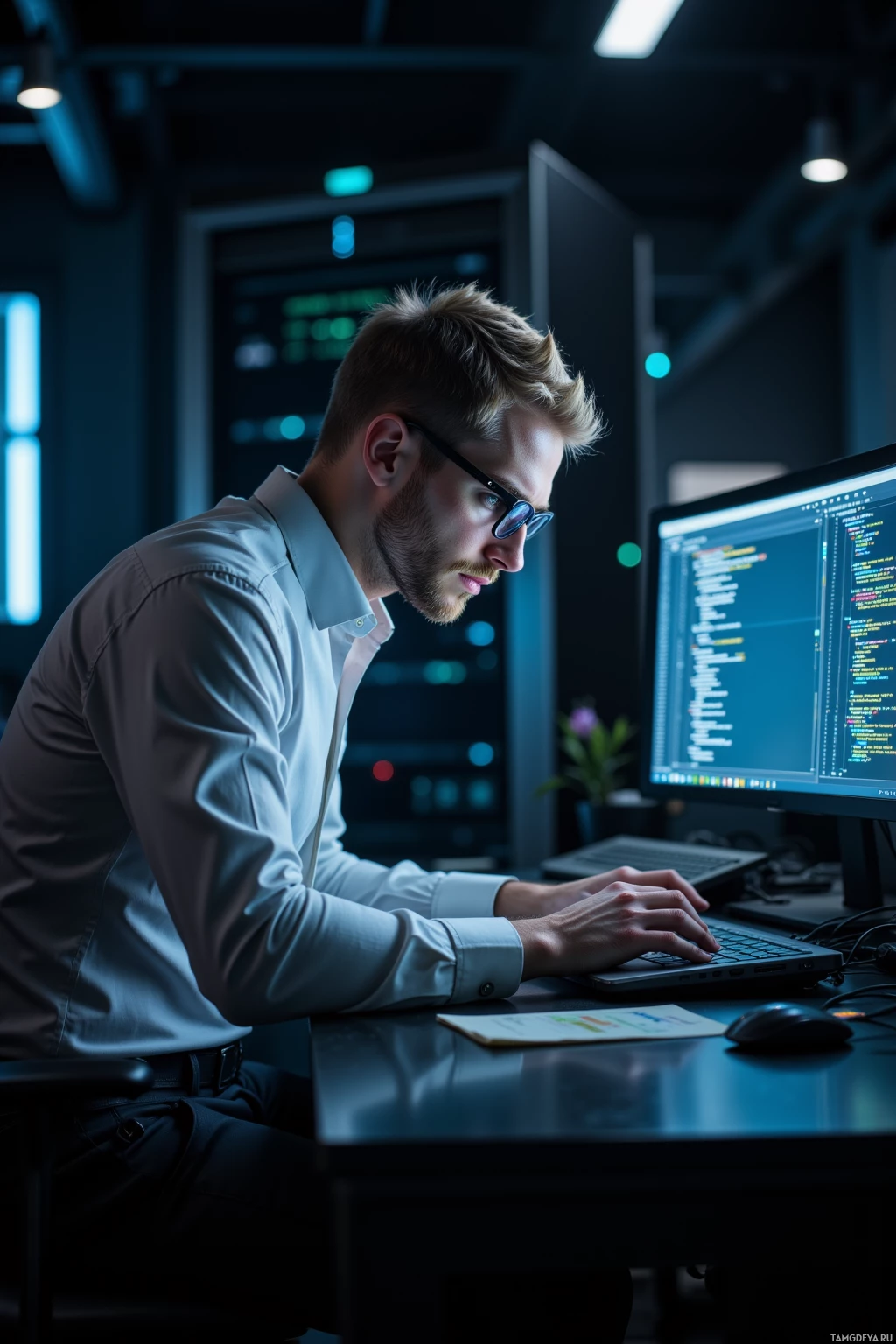 A man wearing glasses works intently at a computer in a dimly lit office environment.