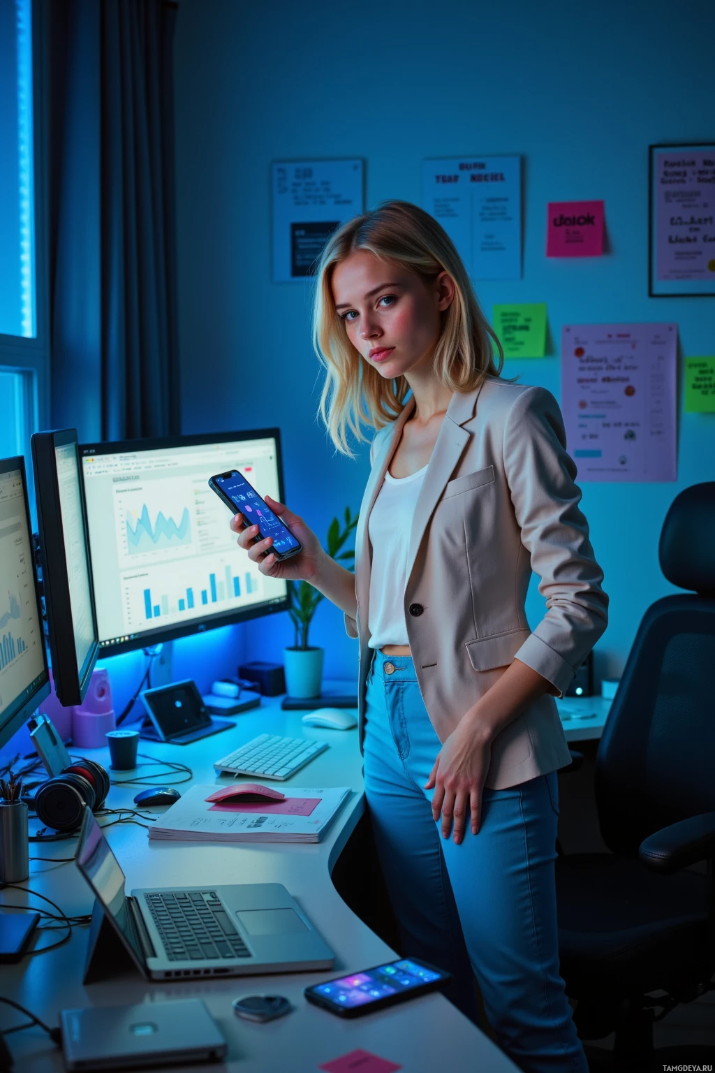A woman stands in an office holding a smartphone, surrounded by computer monitors and office supplies.