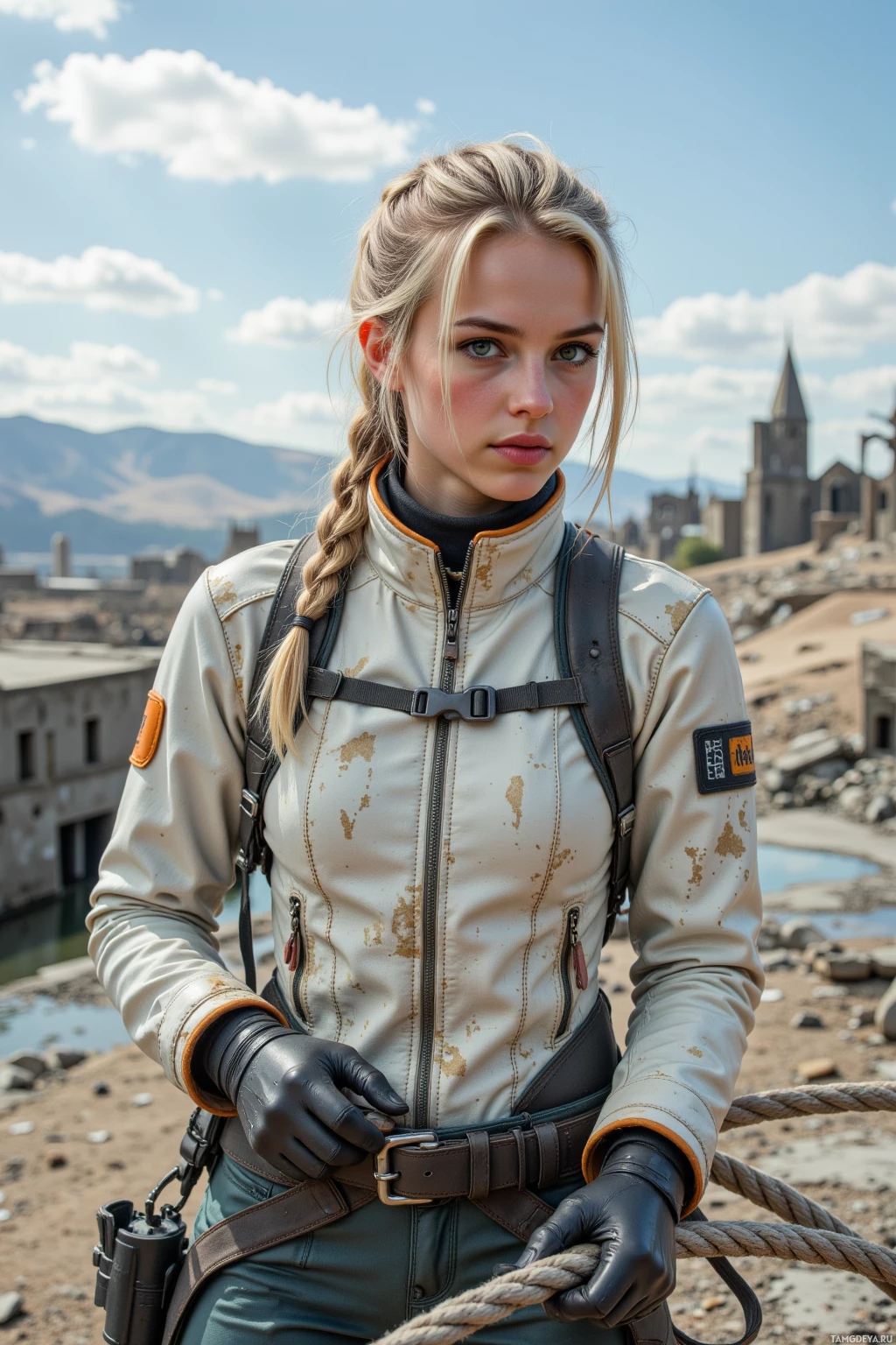 A person in a rugged, outdoor outfit stands in a desolate landscape with ruins and mountains in the background.