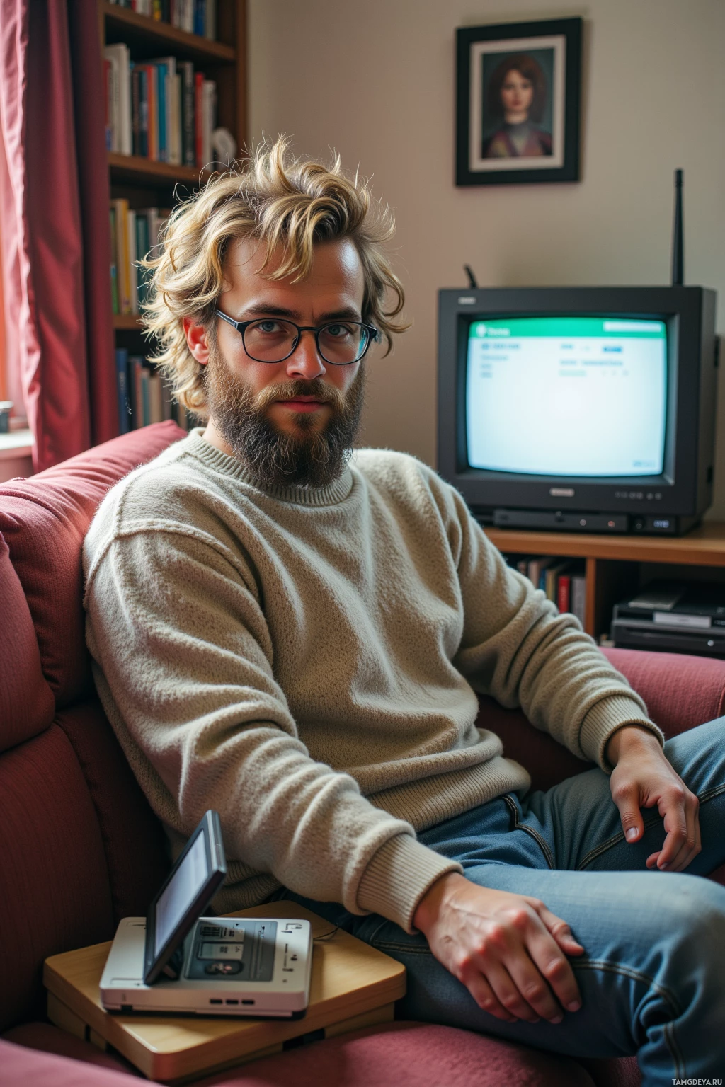 A man with a beard and glasses sits on a red couch, wearing a beige sweater, with a small laptop on a wooden table beside him.