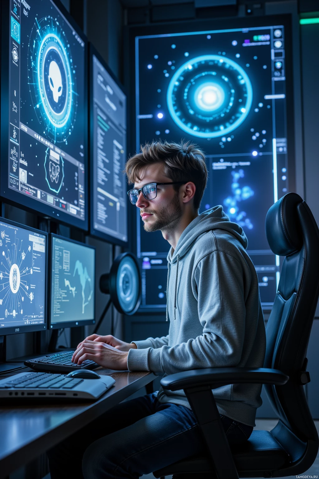 A person is seated at a desk with multiple computer monitors displaying futuristic graphics and data.