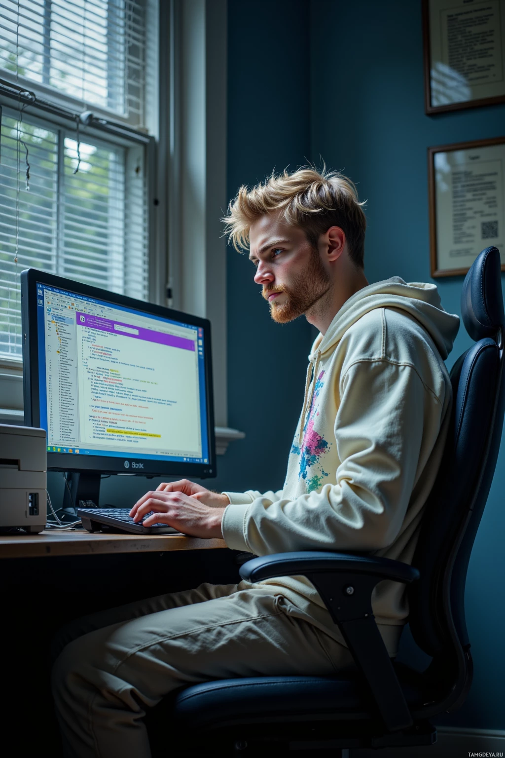 A person is sitting at a desk, working on a computer.