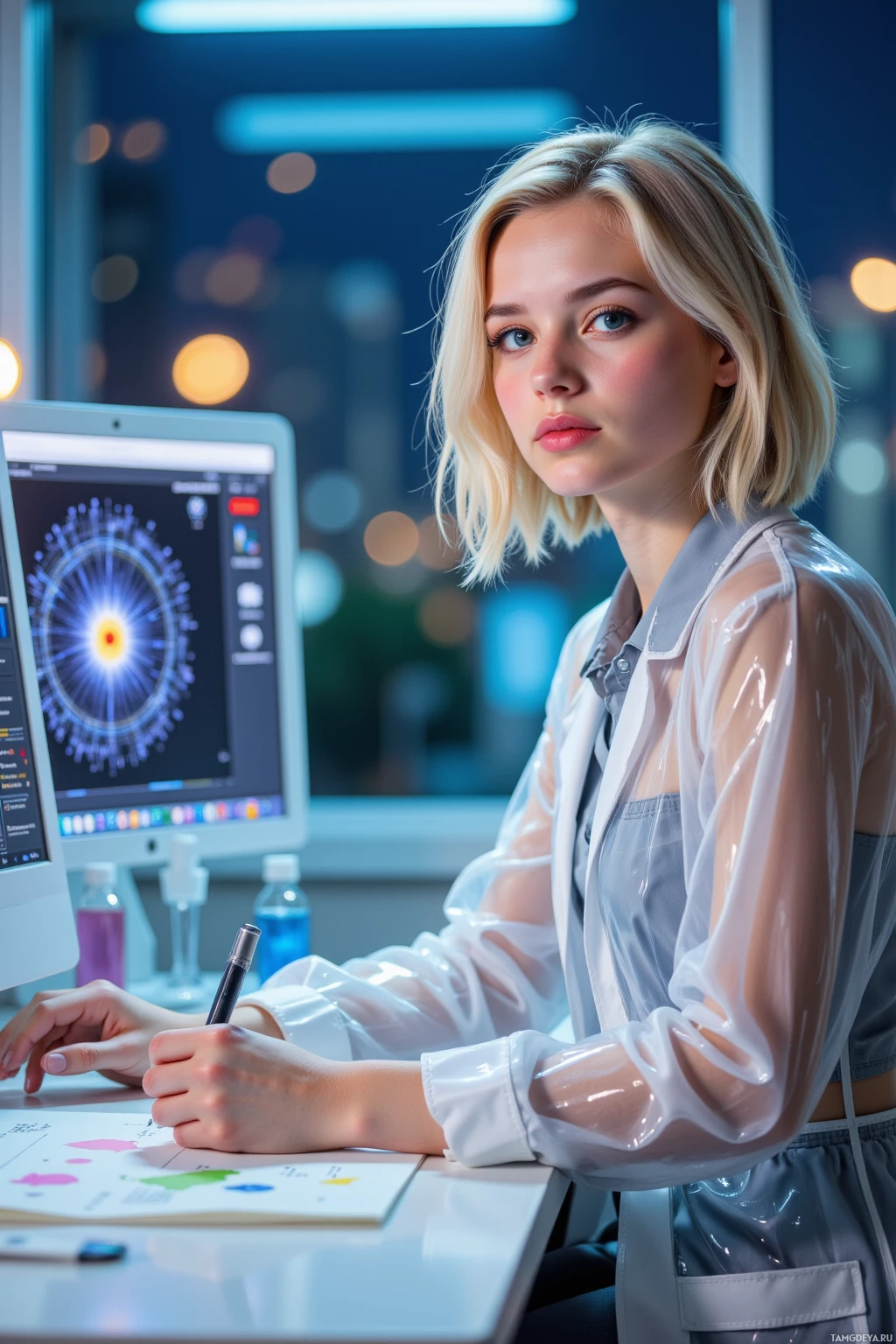 A person is working at a desk with a computer, holding a pen, and wearing a translucent shirt.