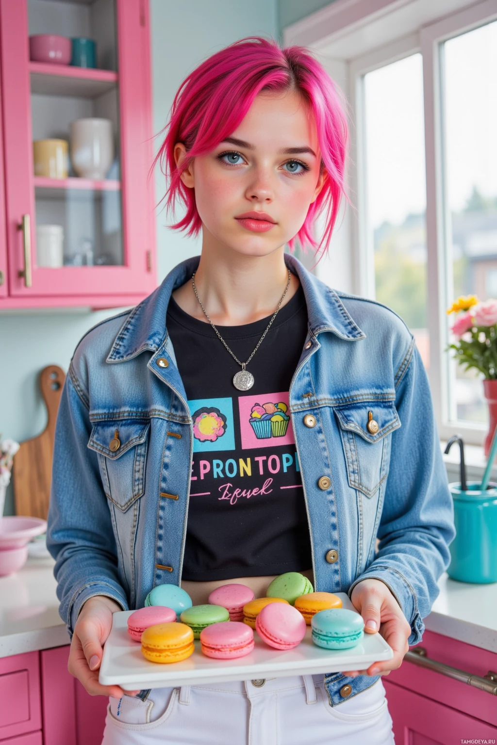 A person with pink hair holds a plate of colorful macarons in a kitchen setting.