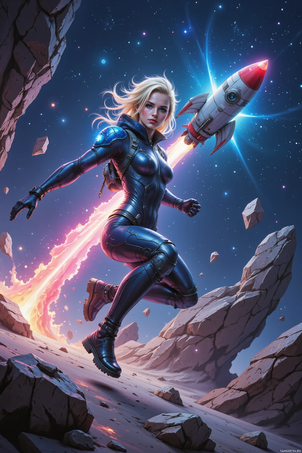 A futuristic female character in a space suit leaps through a rocky, starry landscape with a rocket in the background.