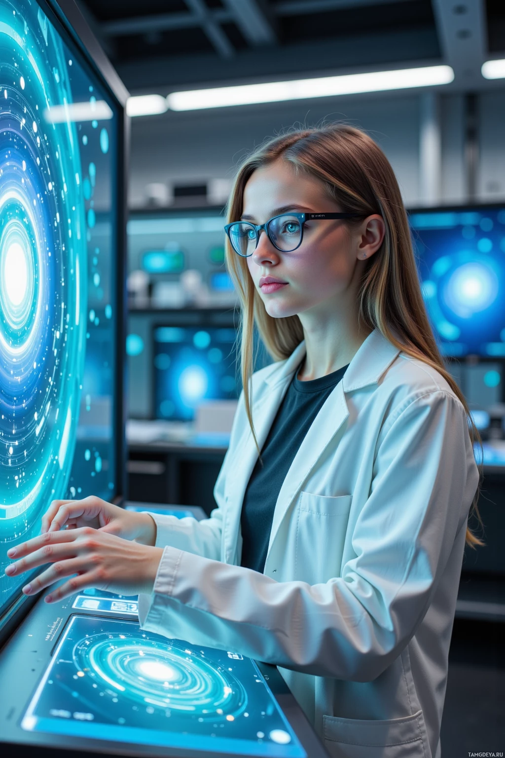 A person in a lab coat interacts with a futuristic, illuminated display in a high-tech environment.