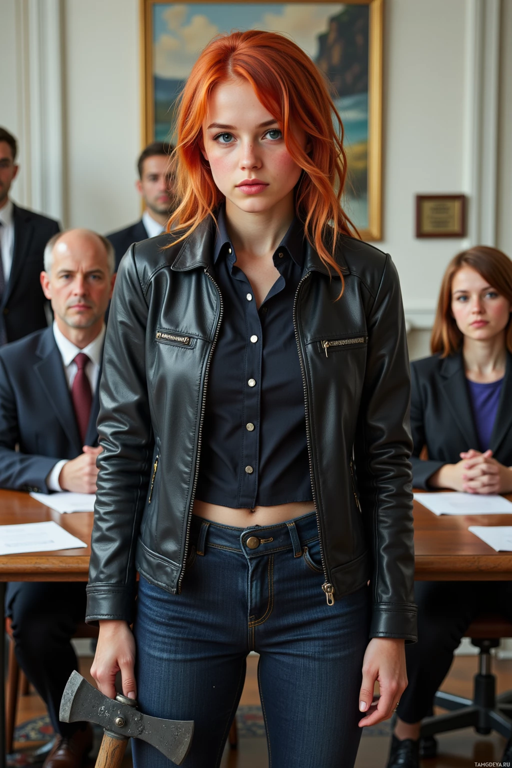 A woman in a leather jacket and jeans stands in a formal setting, holding an axe.