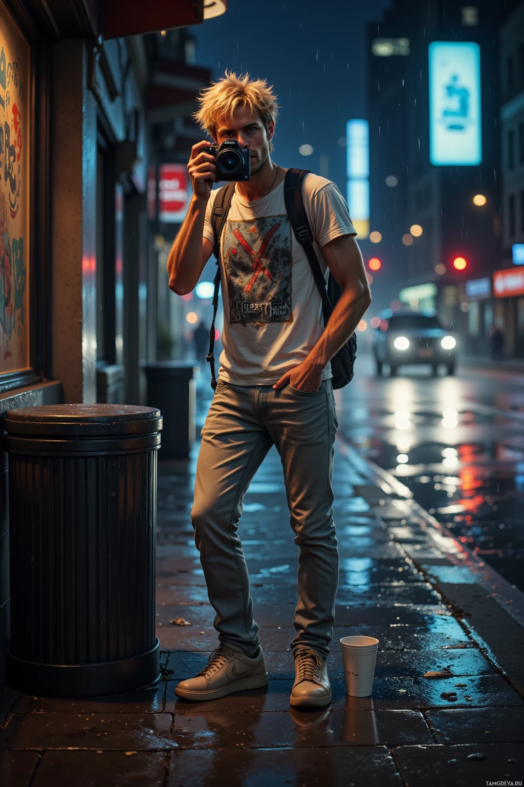 A man stands on a wet city street at night, holding a camera and wearing casual attire.