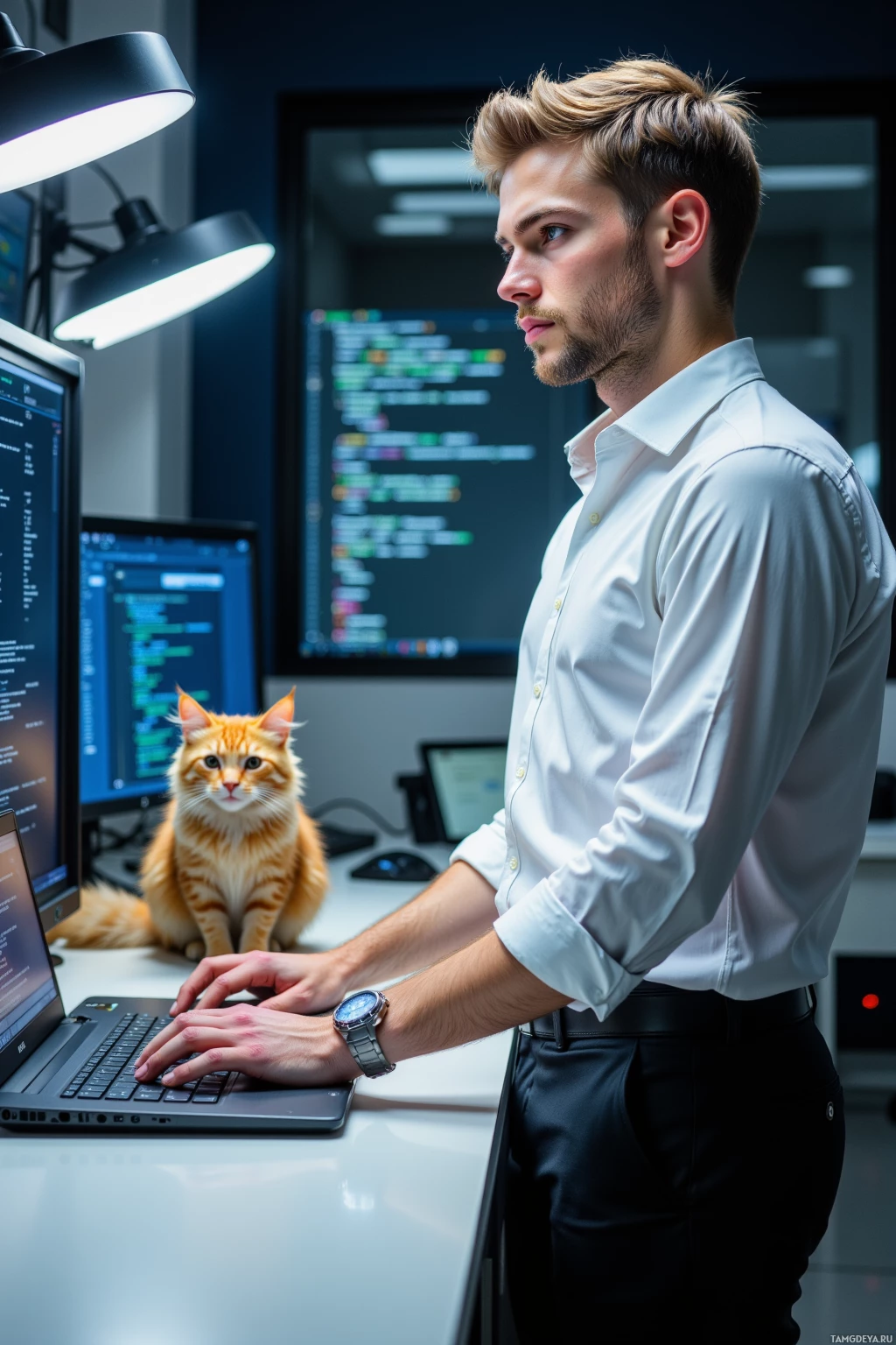 A man in a white shirt works at a desk with multiple monitors displaying code, accompanied by an orange cat.