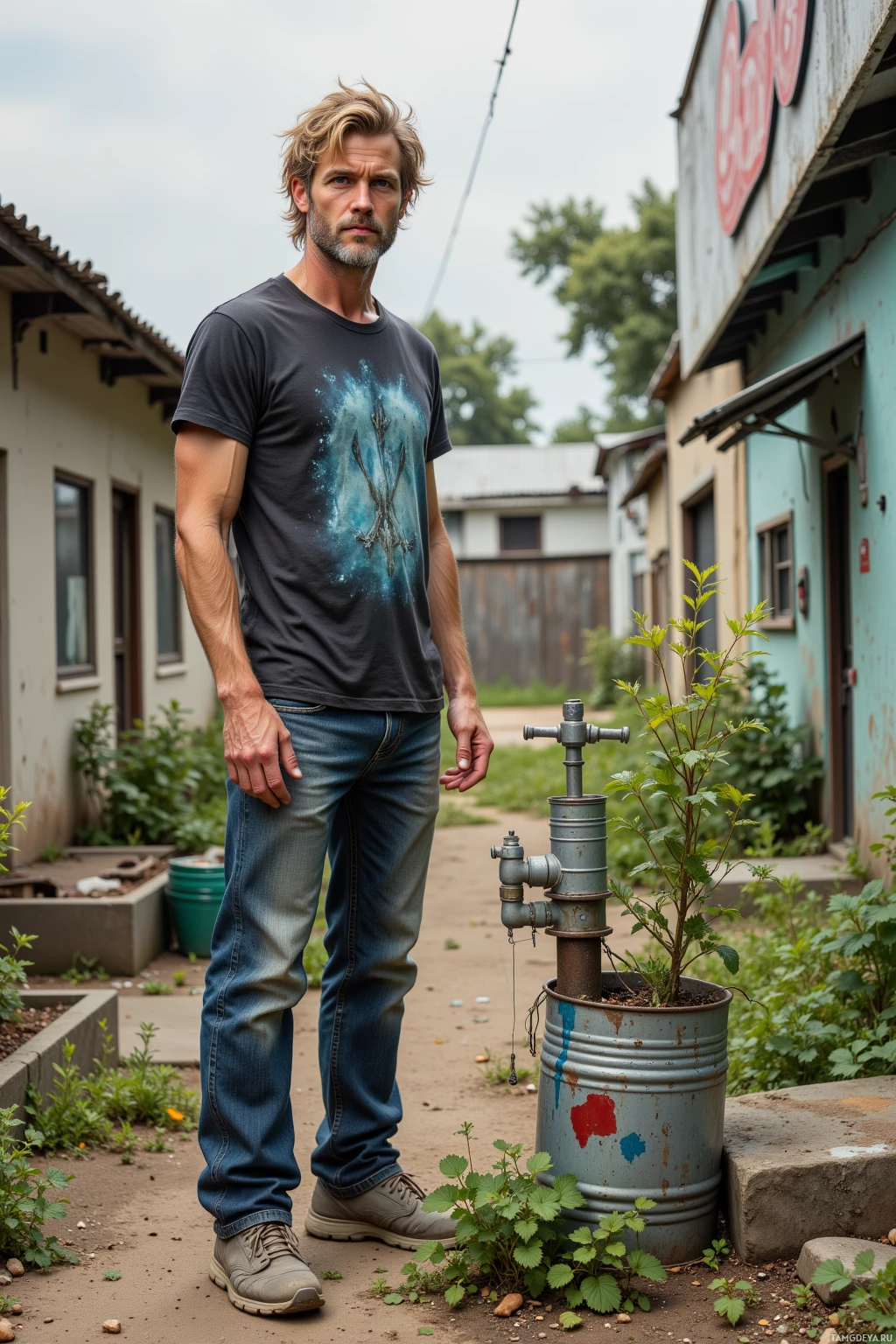 A man stands in an alleyway wearing a graphic t-shirt and jeans, with a water pump and small plant nearby.