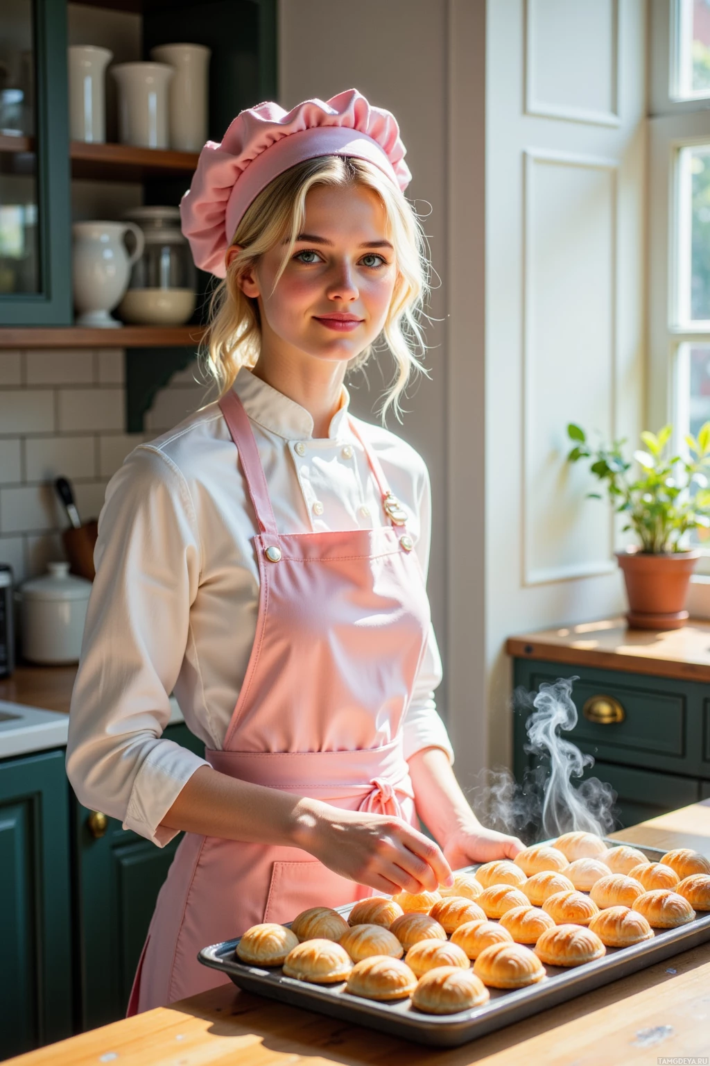 A person in a kitchen wearing a chef's hat and apron, holding a tray of freshly baked pastries.
