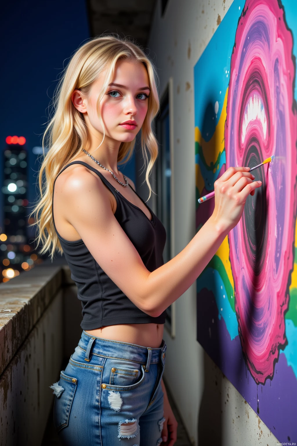 A person in a black top and jeans is painting a colorful abstract mural on a wall.