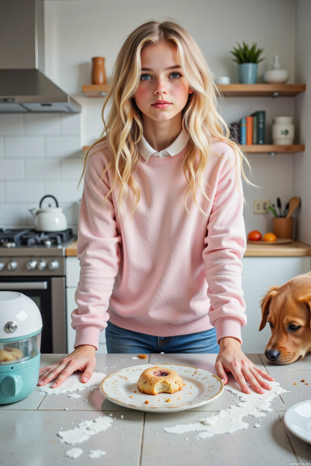 A young person in a pink sweater stands in a kitchen with a dog and a spilled cake on the counter.