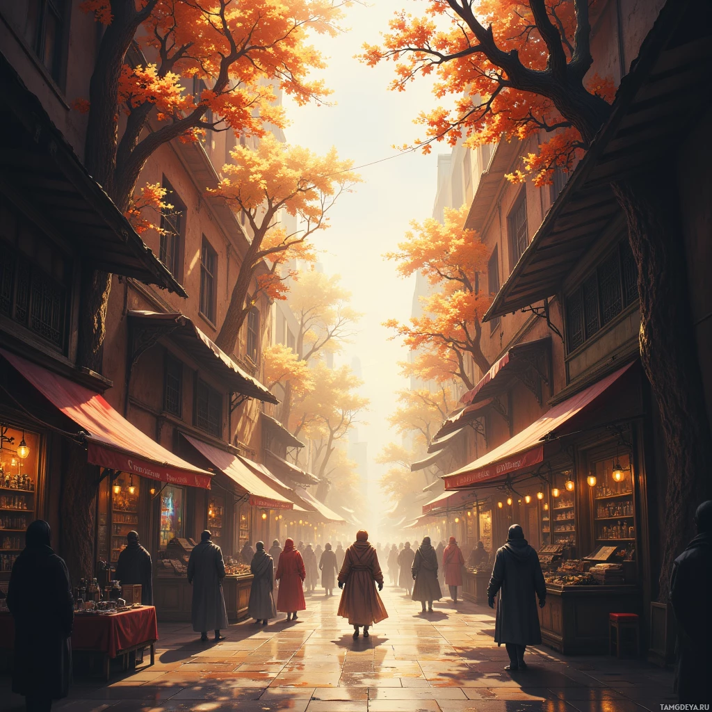 A sunlit street lined with shops and autumn trees.