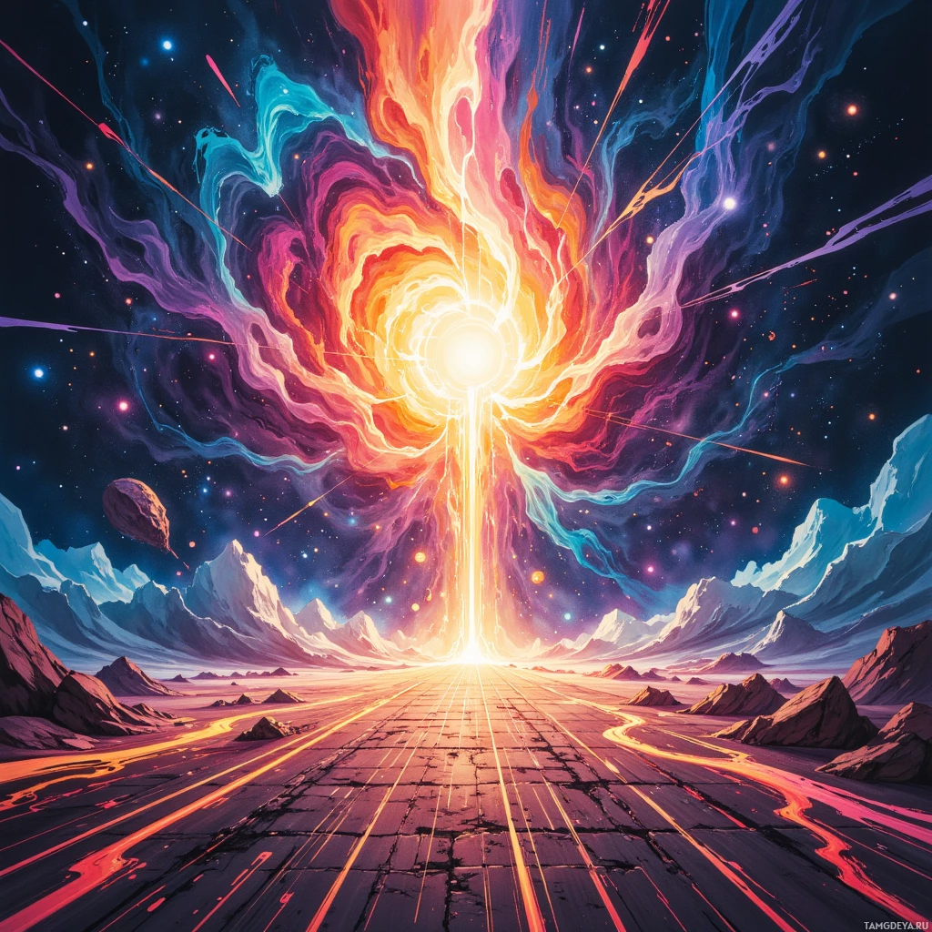 A vibrant cosmic scene with a radiant explosion of light and colorful cosmic tendrils against a starry backdrop.
