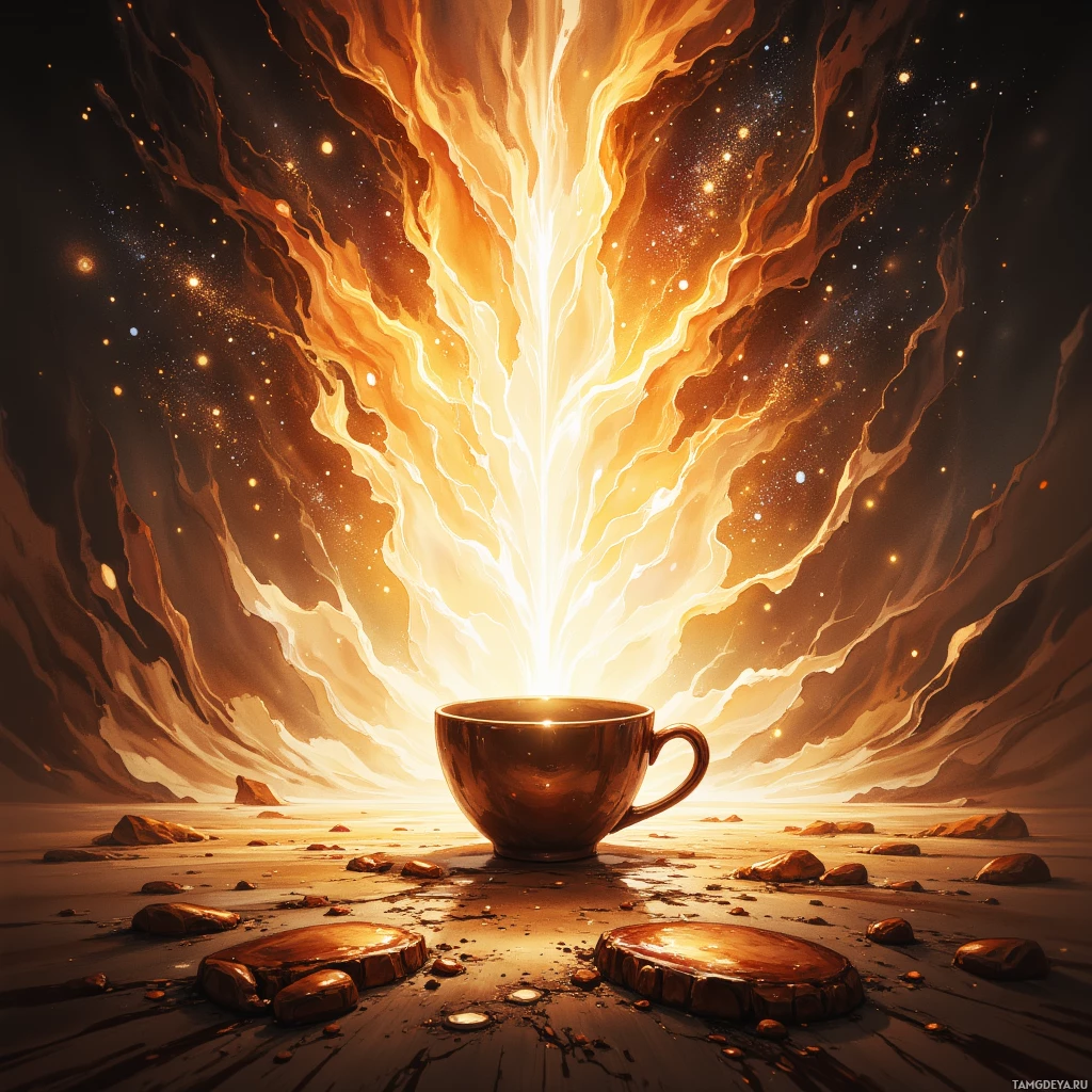 A glowing cup of coffee emits radiant energy, set against a cosmic backdrop.