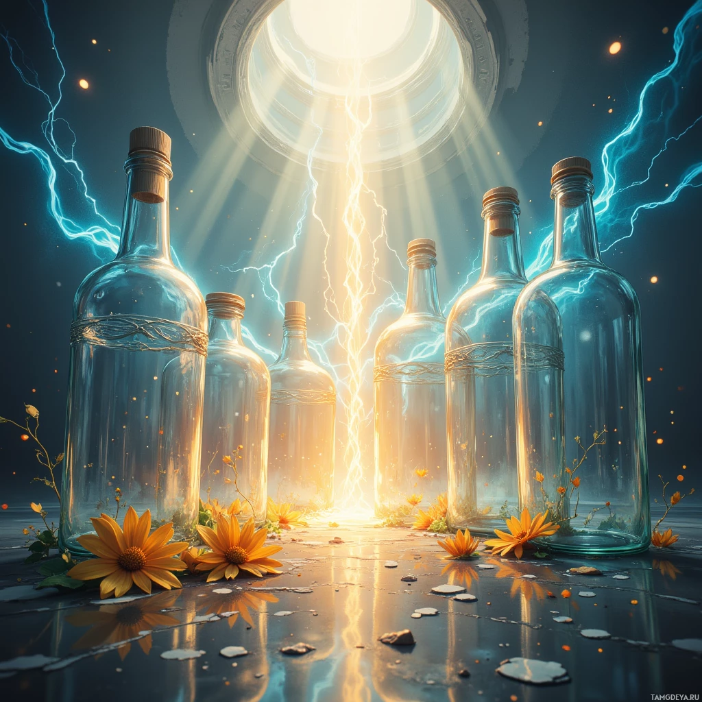 A group of glass bottles with lightning and flowers in a mystical setting.