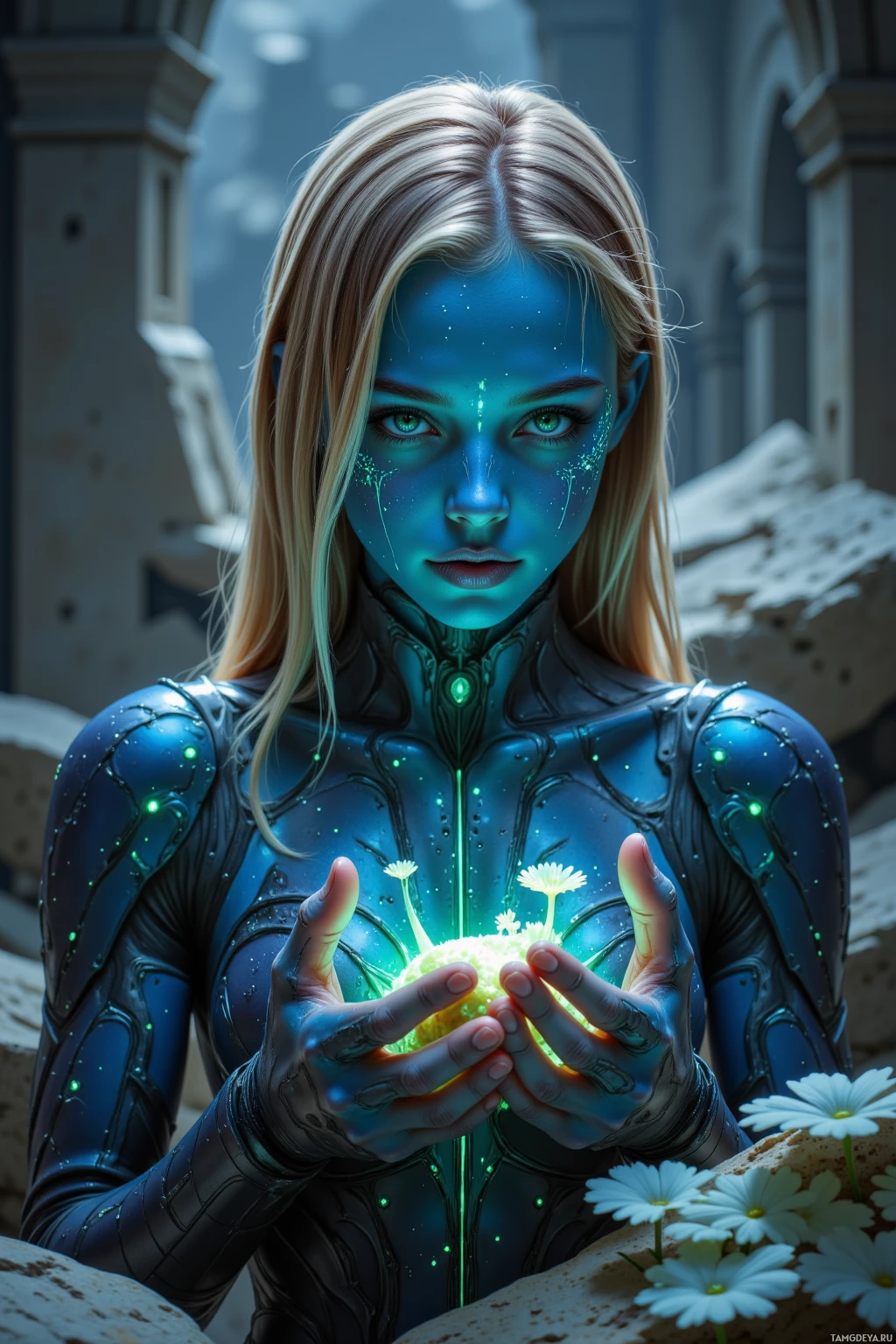 A person in a futuristic suit holds glowing green flowers.