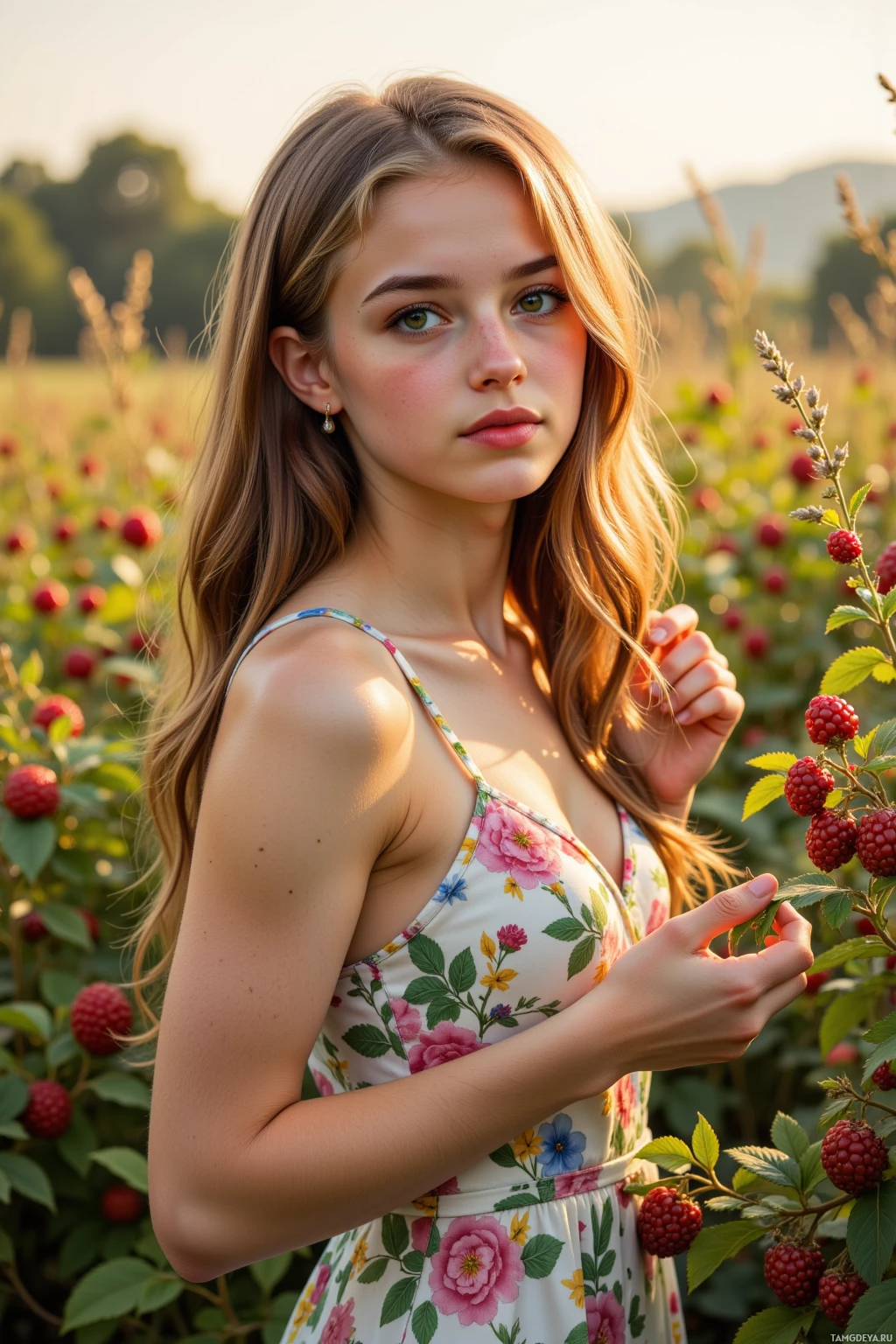 A young woman in a floral dress stands in a field of raspberries.