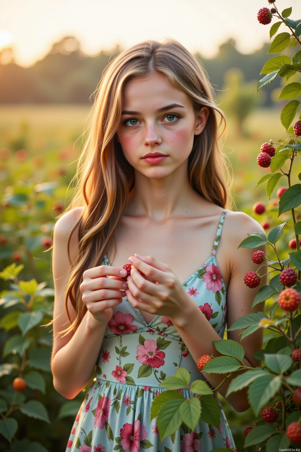 A young woman in a floral dress stands in a field of raspberries, holding a berry.