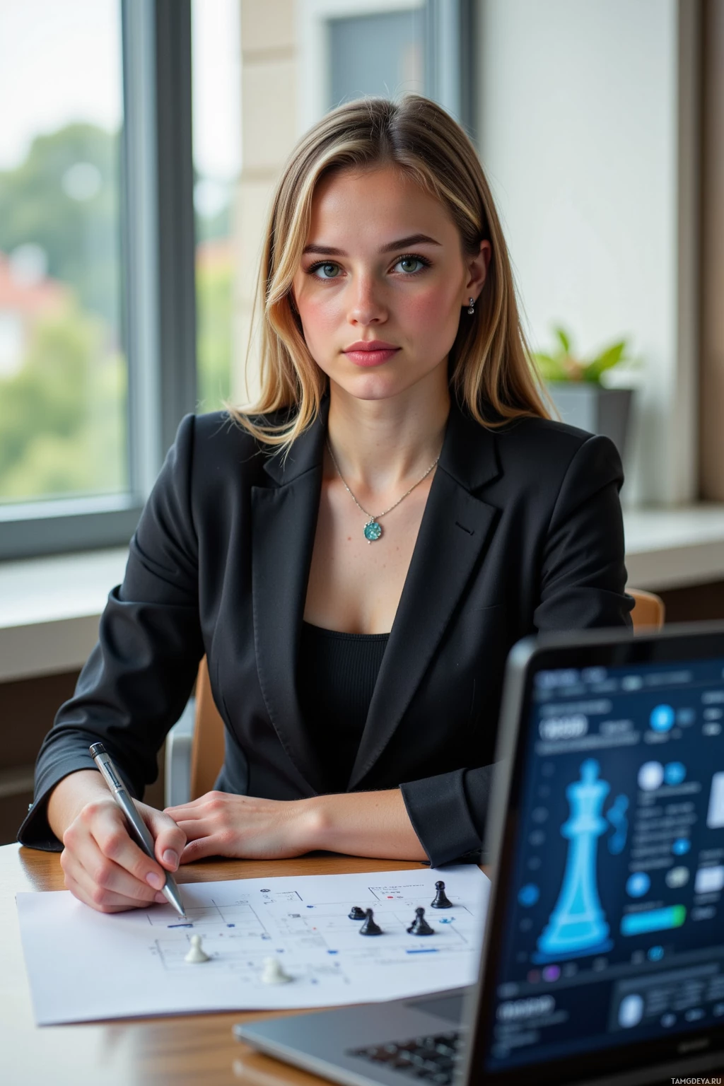A woman in a professional setting, working at a desk with a laptop and a chessboard diagram.