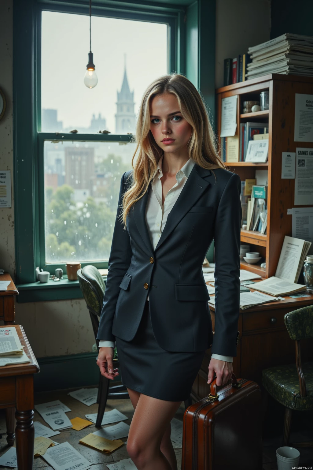 A woman in a professional suit stands in a cluttered office with a cityscape visible through the window.