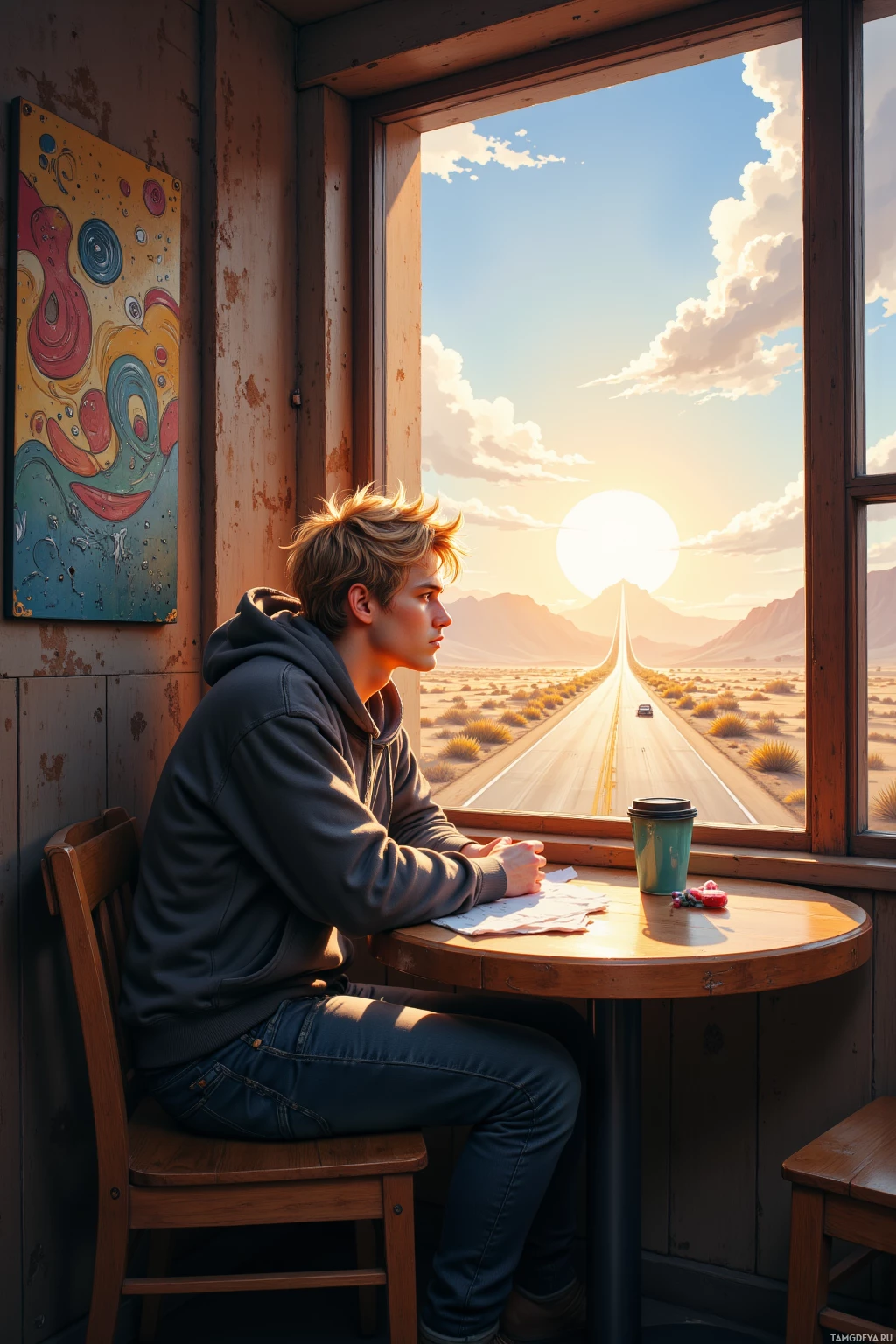 A person sits at a table by a window, gazing at a scenic desert road leading into the sunset.