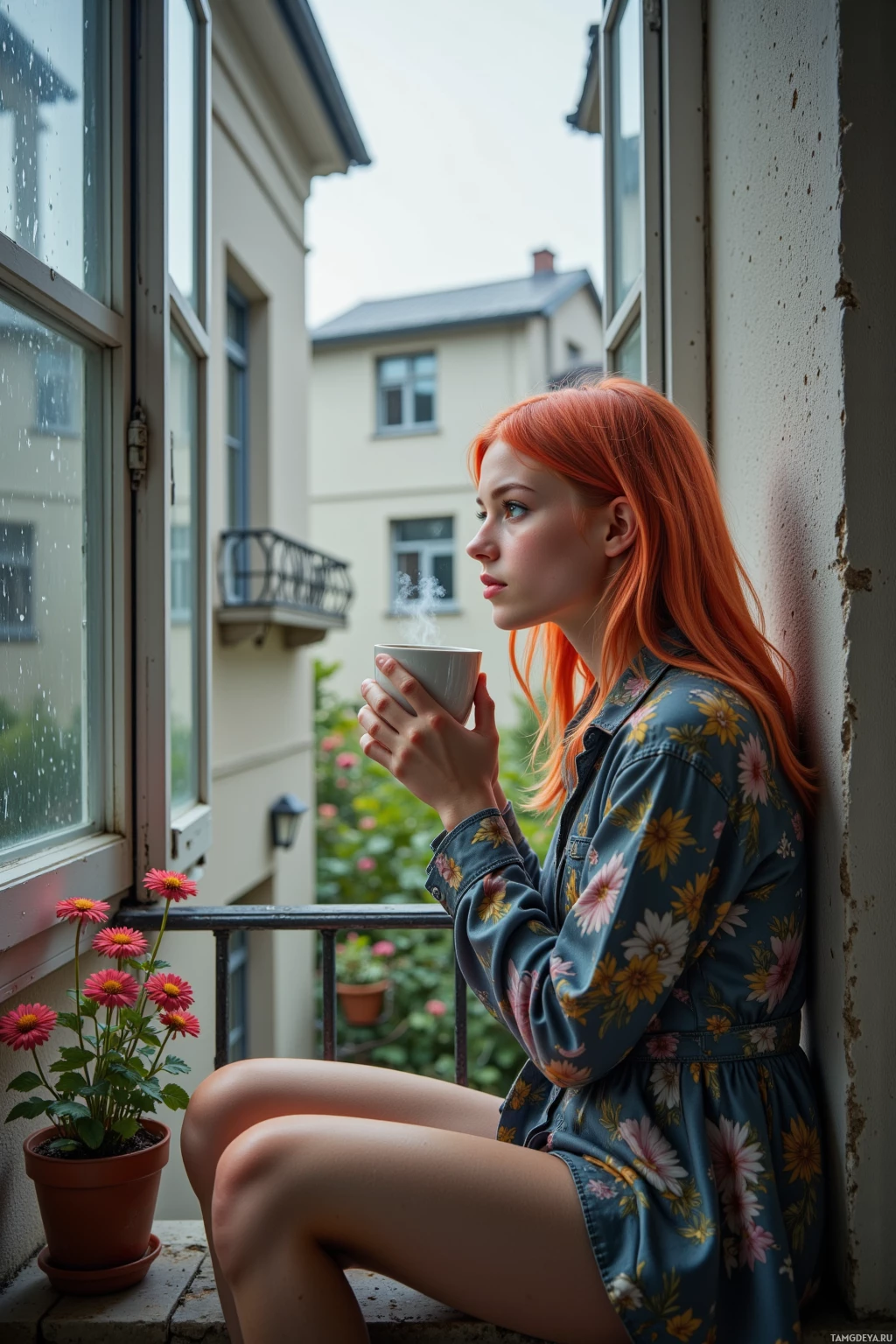 A woman with red hair sits on a windowsill, holding a steaming cup, with a potted flower and a view of buildings outside.