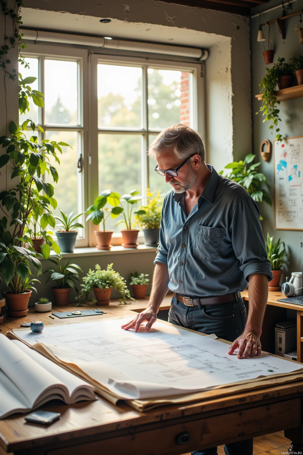 A man stands at a desk reviewing architectural blueprints in a well-lit room with plants.