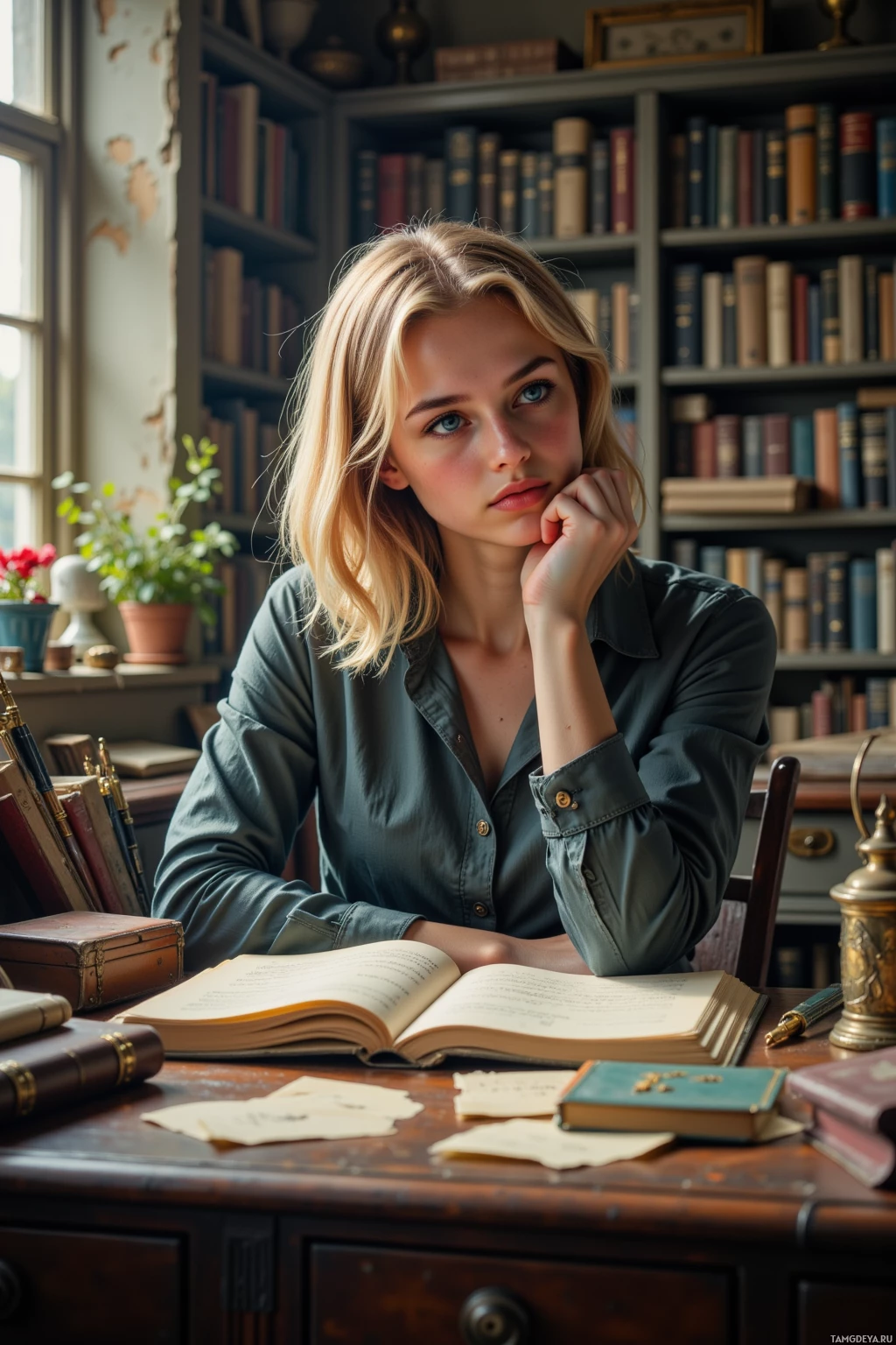 A woman sits at a desk in a library, surrounded by books and papers, with a thoughtful expression.