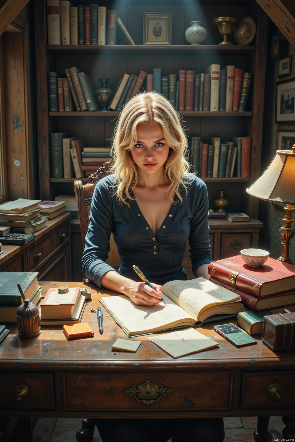 A woman sits at a desk in a study, writing in a notebook surrounded by books and a lamp.