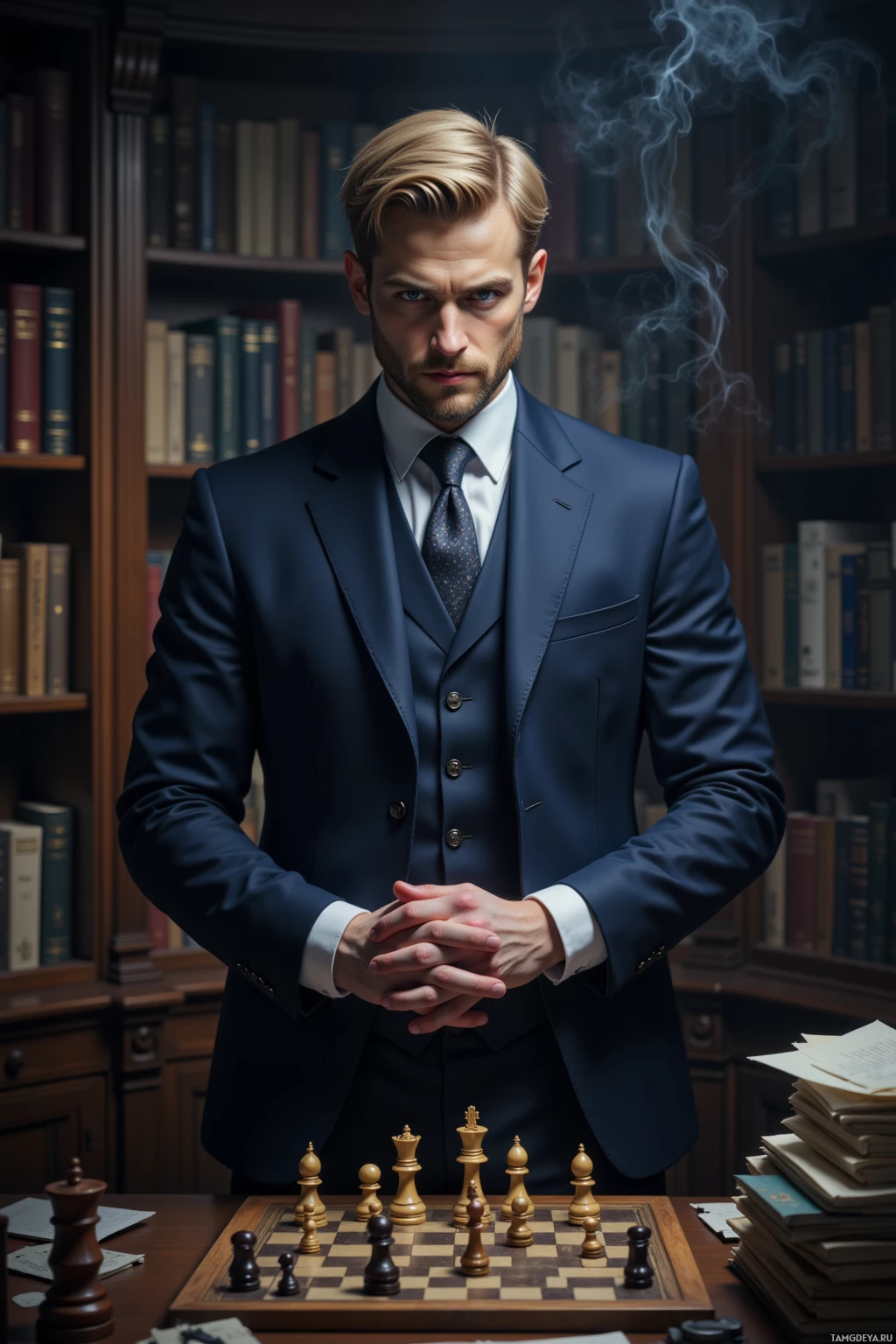 A man in a suit stands in front of a chessboard and bookshelf.