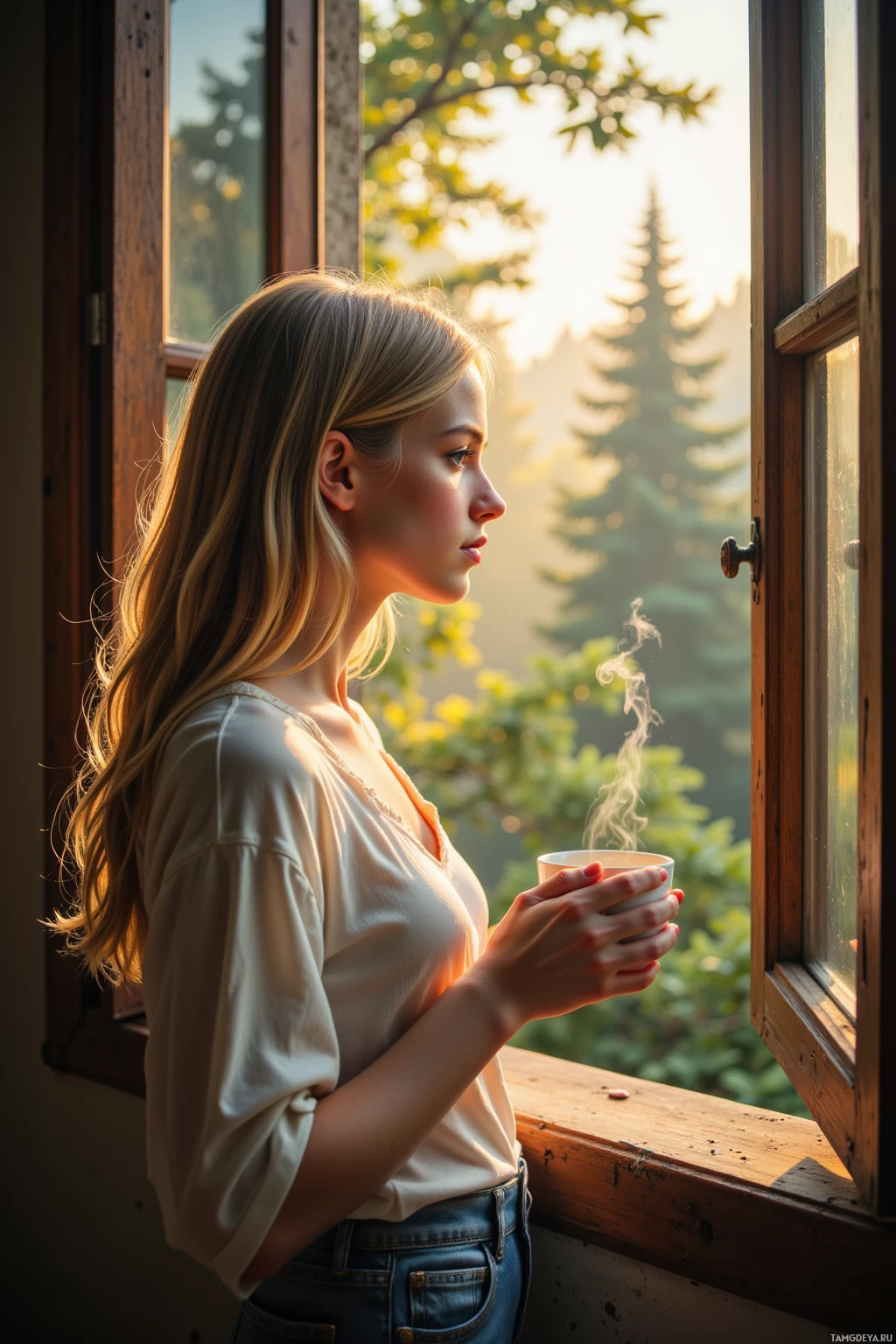 A woman stands by a window, holding a steaming cup, gazing outside at a serene forest view.