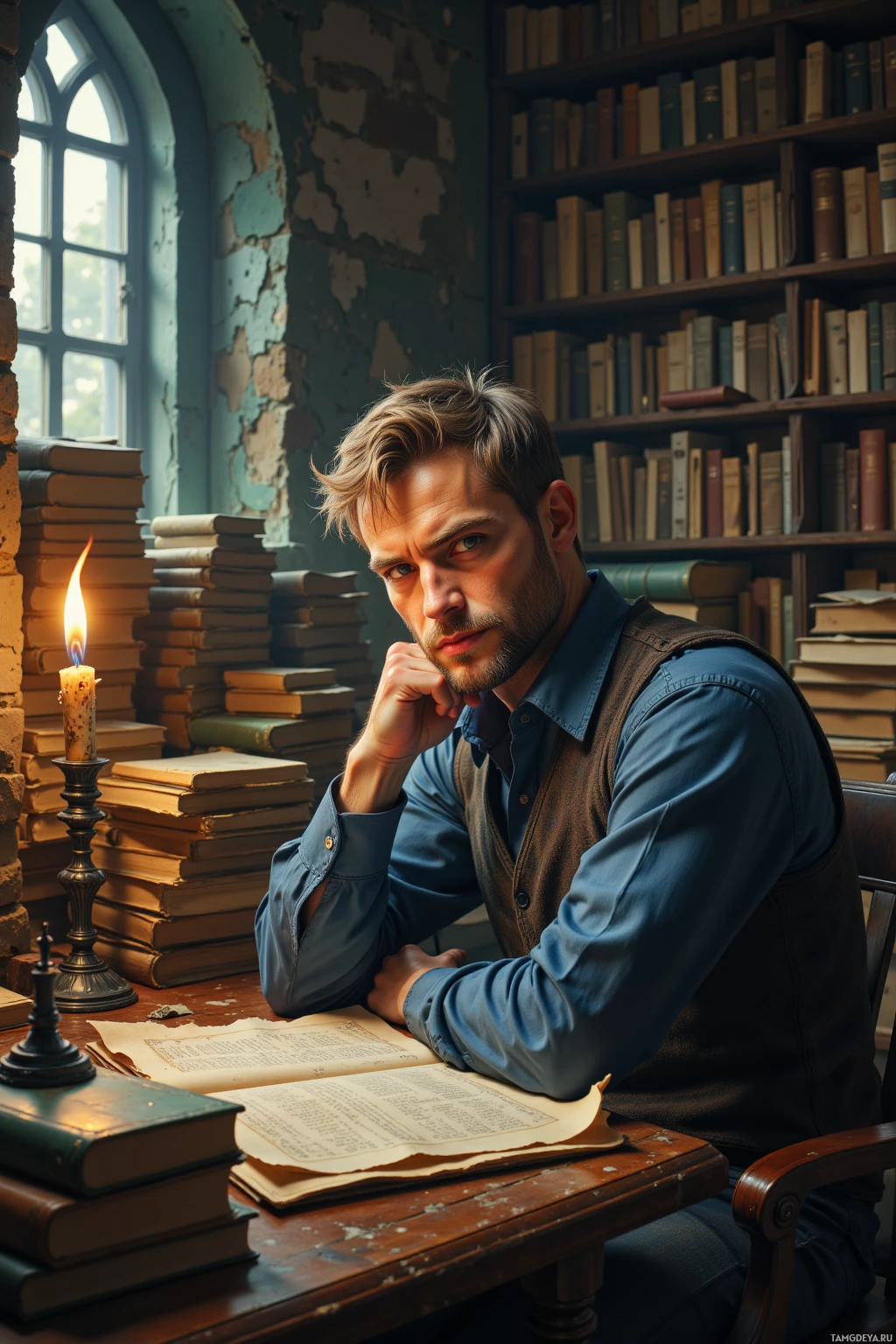 A man sits at a desk in a library, surrounded by books and a lit candle, appearing thoughtful.