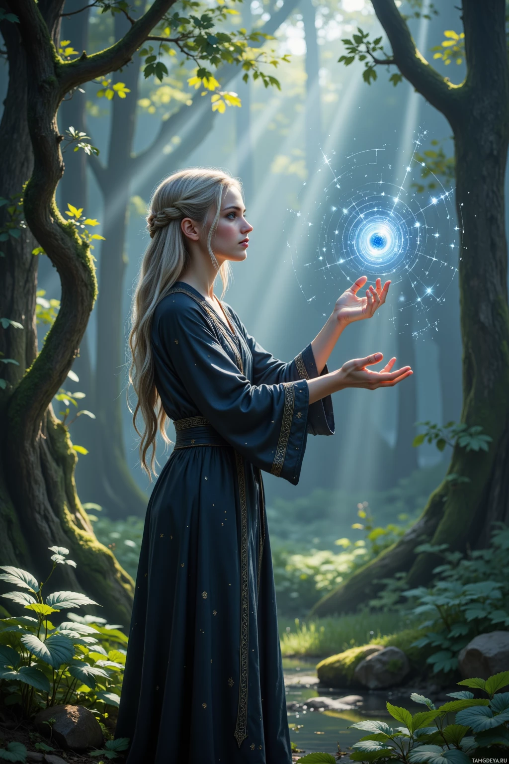 A woman in a dark blue dress stands in a forest, reaching out towards a glowing, intricate pattern of light.