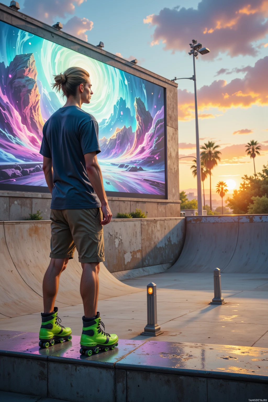 A person wearing roller skates stands at a skate park, gazing at a vibrant mural of a mountainous landscape.