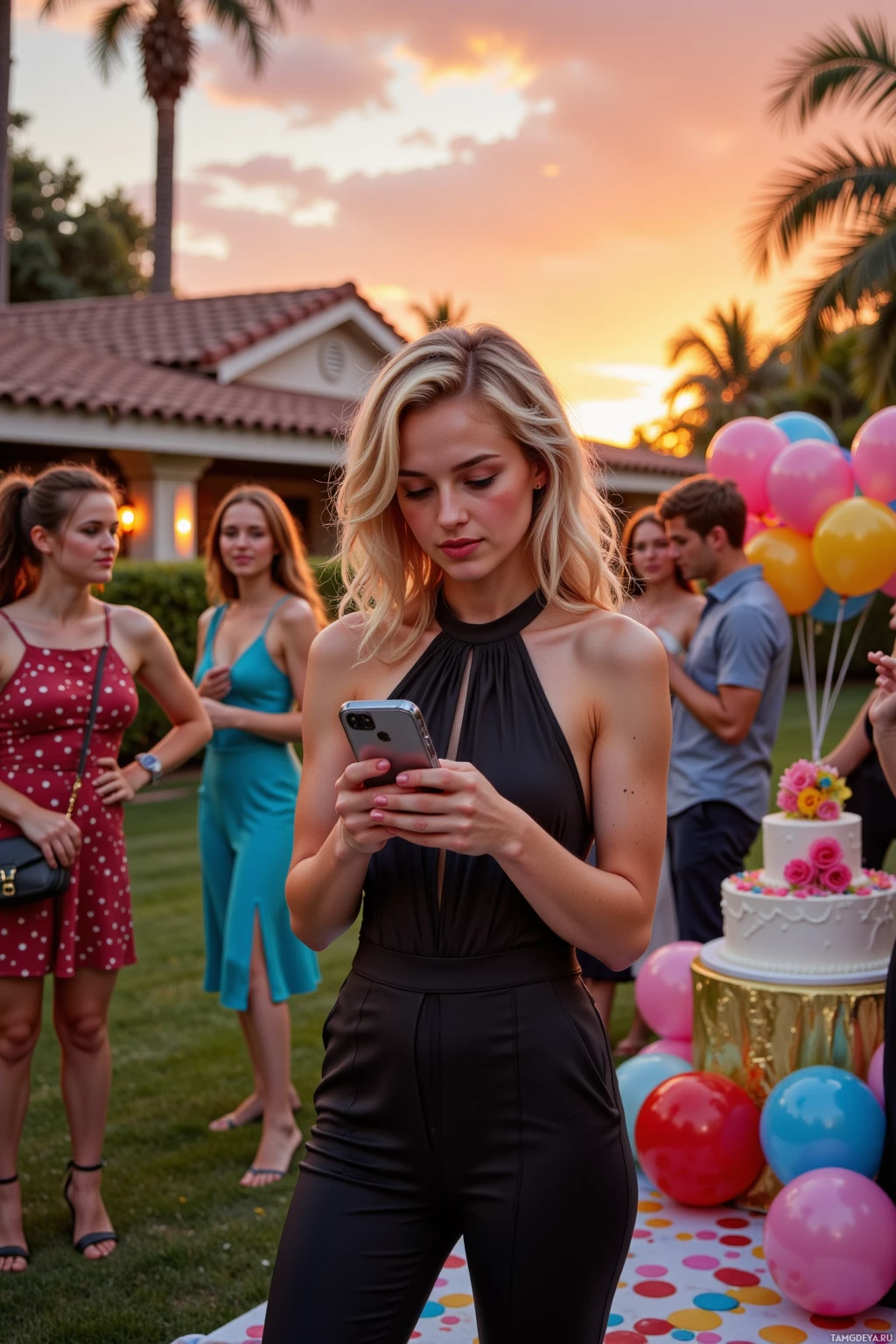 A woman in a black jumpsuit stands at a party, looking at her phone, with a sunset and palm trees in the background.
