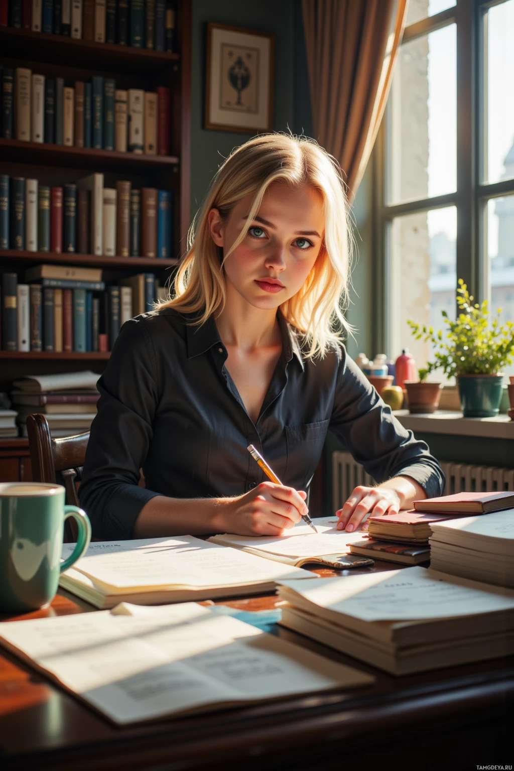 A woman sits at a desk with books and papers, writing with a pen.