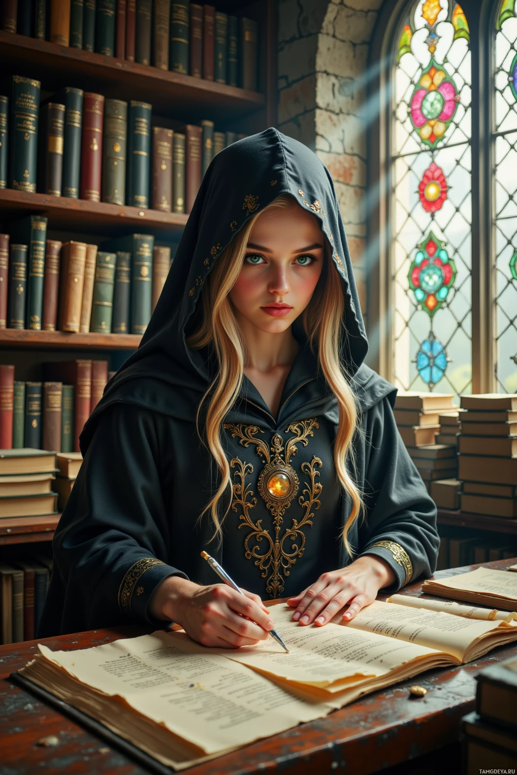 A woman in a hooded robe is writing in a book at a desk in a library.