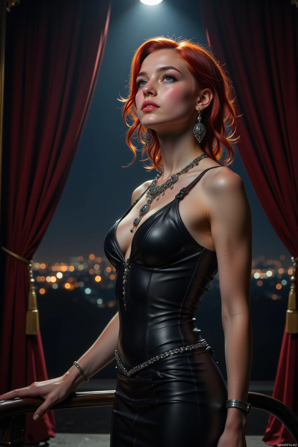 A woman in a black leather dress stands against a backdrop of red curtains and city lights.