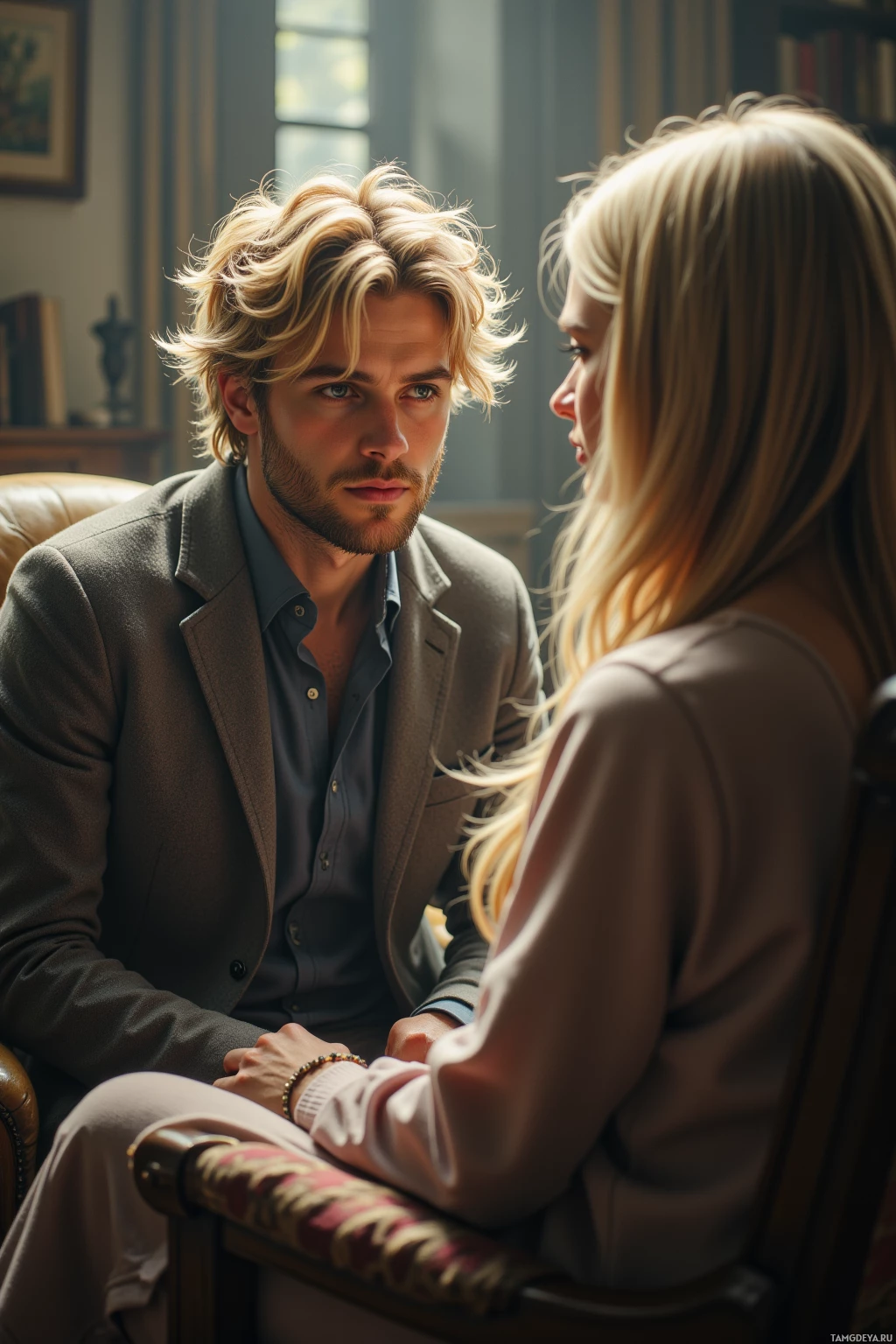 A man and a woman are seated in a room, engaged in conversation.
