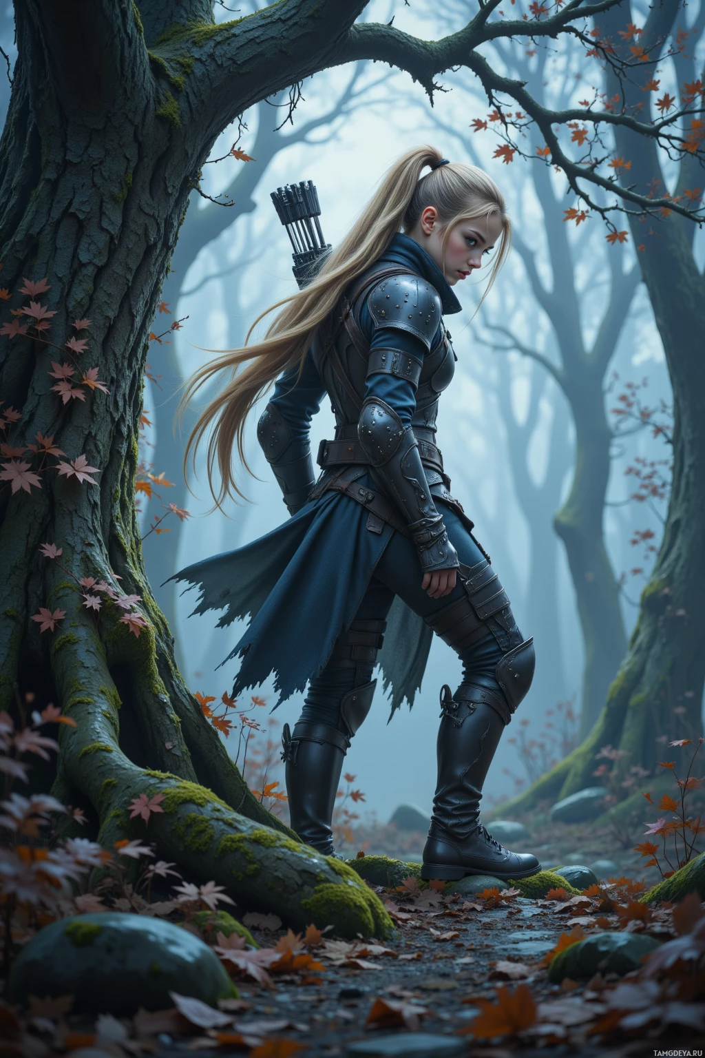 A woman in medieval-style armor stands in a misty autumn forest.