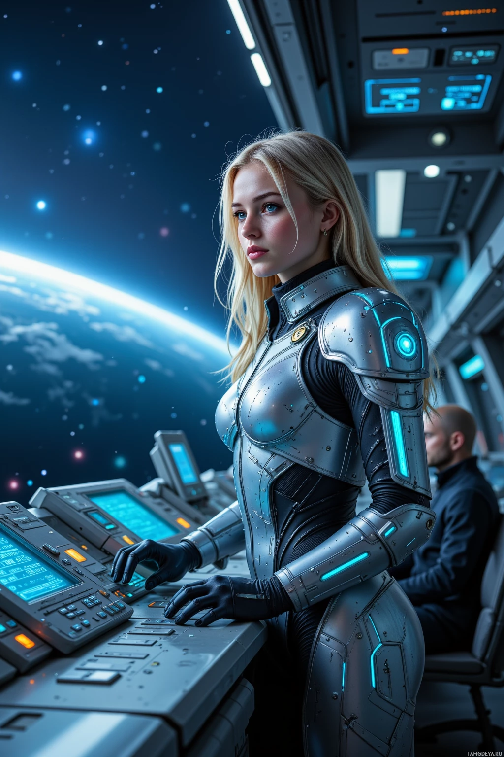 A woman in futuristic armor stands at a control panel in a space station.
